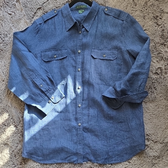 LRL Ralph Lauren Blue Button Down Linen Shirt 2x - Picture 6 of 11